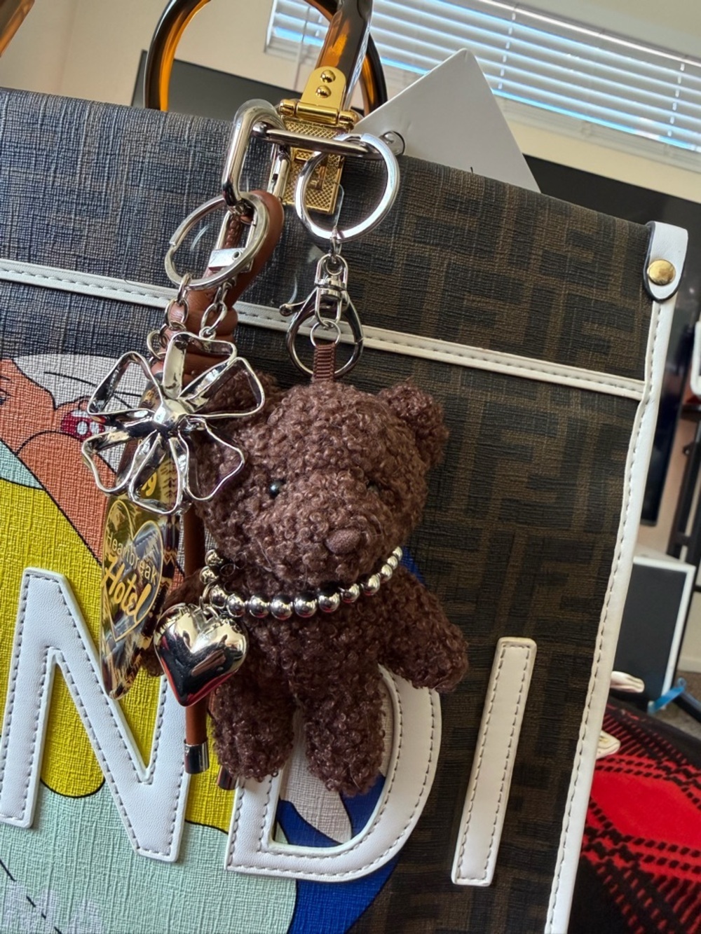 Brown Crochet Teddy Bear Bag Charm with Silver Accents